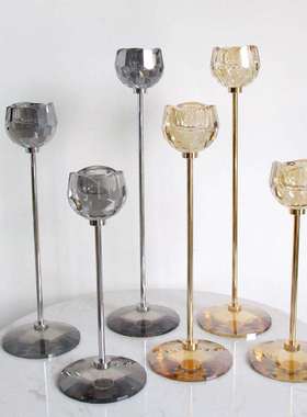 烟灰色玻璃烛台清光色琥珀色水晶蜡烛台多头三件套装饰摆件