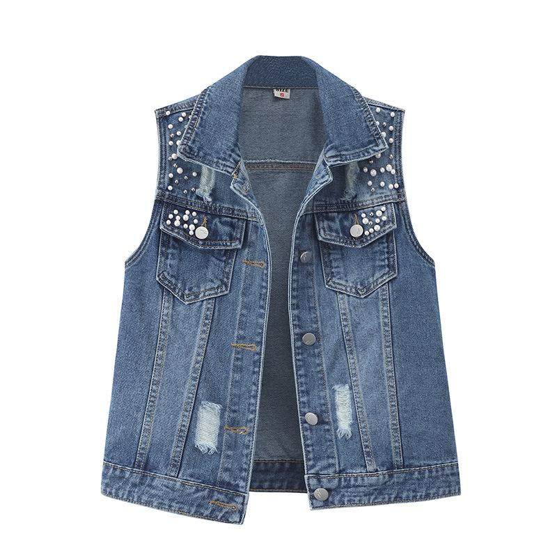 2024年春款韩版百搭钉珠牛仔马甲女宽松个性时尚马夹背心坎肩外穿