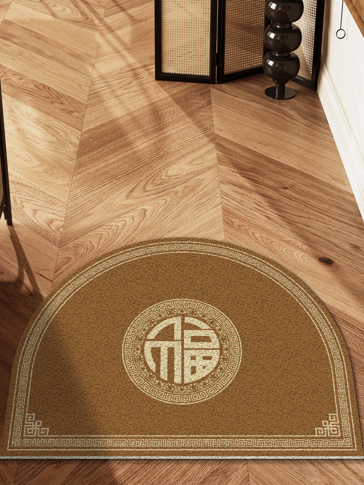 新中式土黄色半圆形地垫进门大门口丝圈蹭土蹭脚垫入户门门前地毯