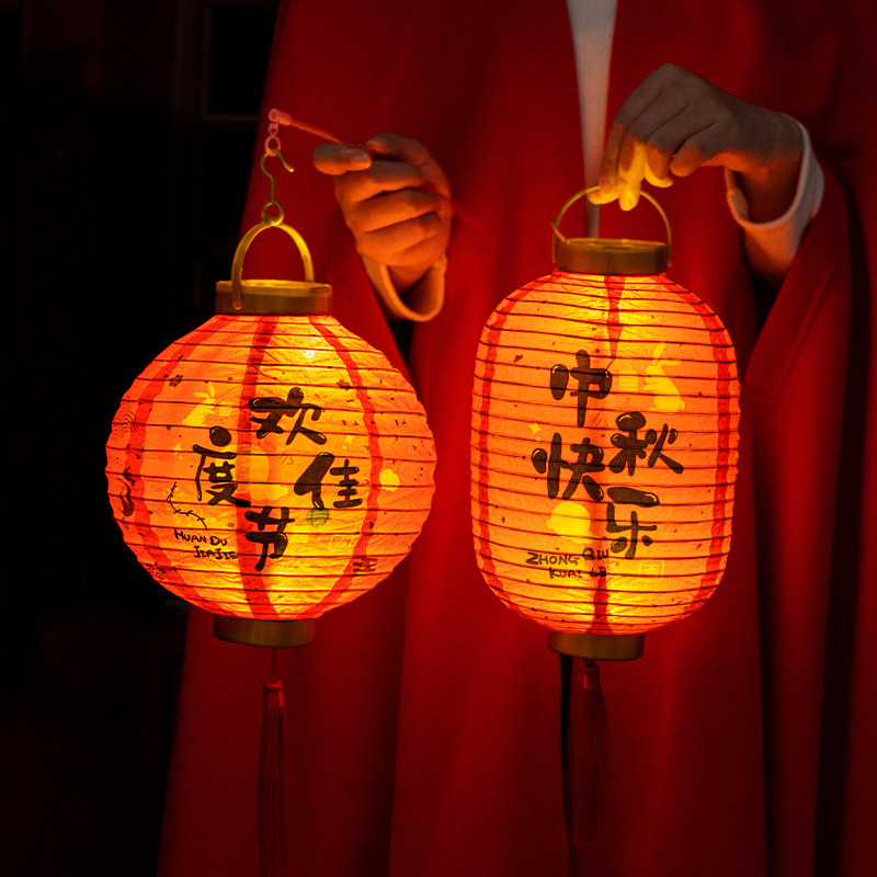 中秋儿童手提古风纸灯笼手工diy材料包灯笼中秋节手提发光灯笼