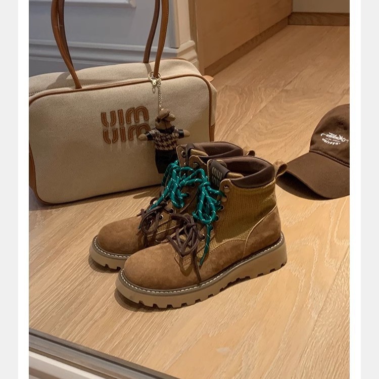 全牛皮~真皮厚底马丁靴女春秋双鞋带英伦登山短靴子工装靴大黄靴