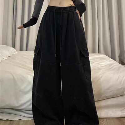 黑色纯棉大码工装裤女新款美式休闲爵士宽松阔腿裤雅痞运动长裤子