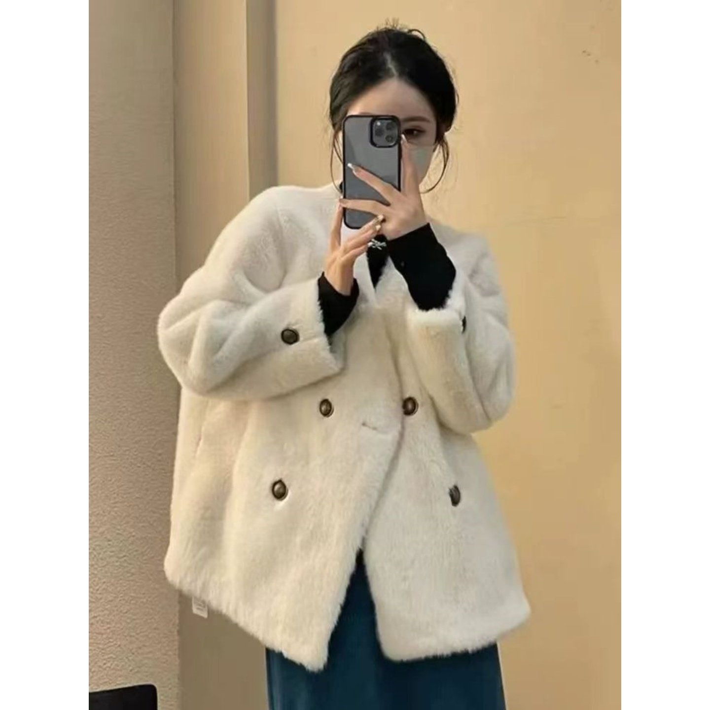 LVKFHOIUKRI 羊绒环保皮毛一体双排扣毛绒名媛加厚绒毛大衣女