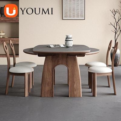 中古风折叠实木餐桌椅岩板2025新款美式法式伸缩方可变圆桌小户型