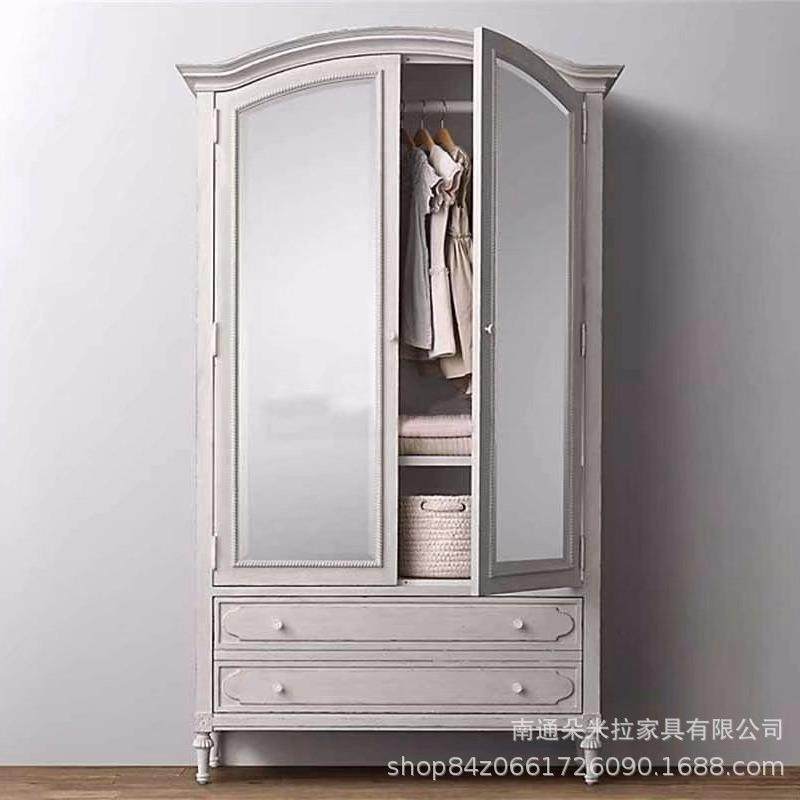 美式乡村实木复古雕花高端轻奢儿童镜面两门衣橱卧室衣柜