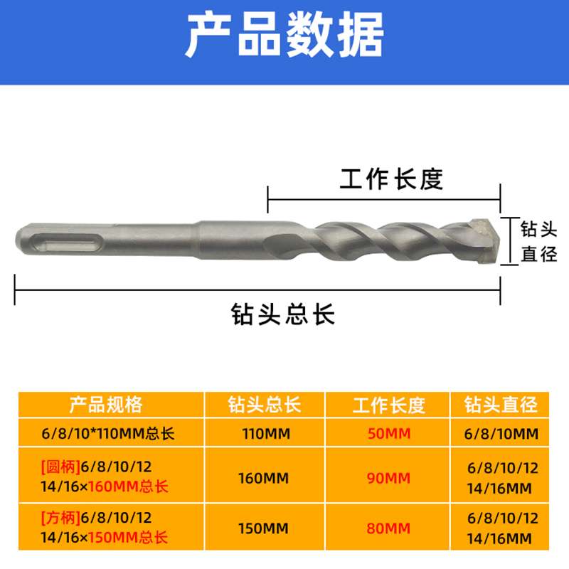冲击钻头电锤圆头方头6 8 10 12 14 16厘mm混凝土打孔打墙钻