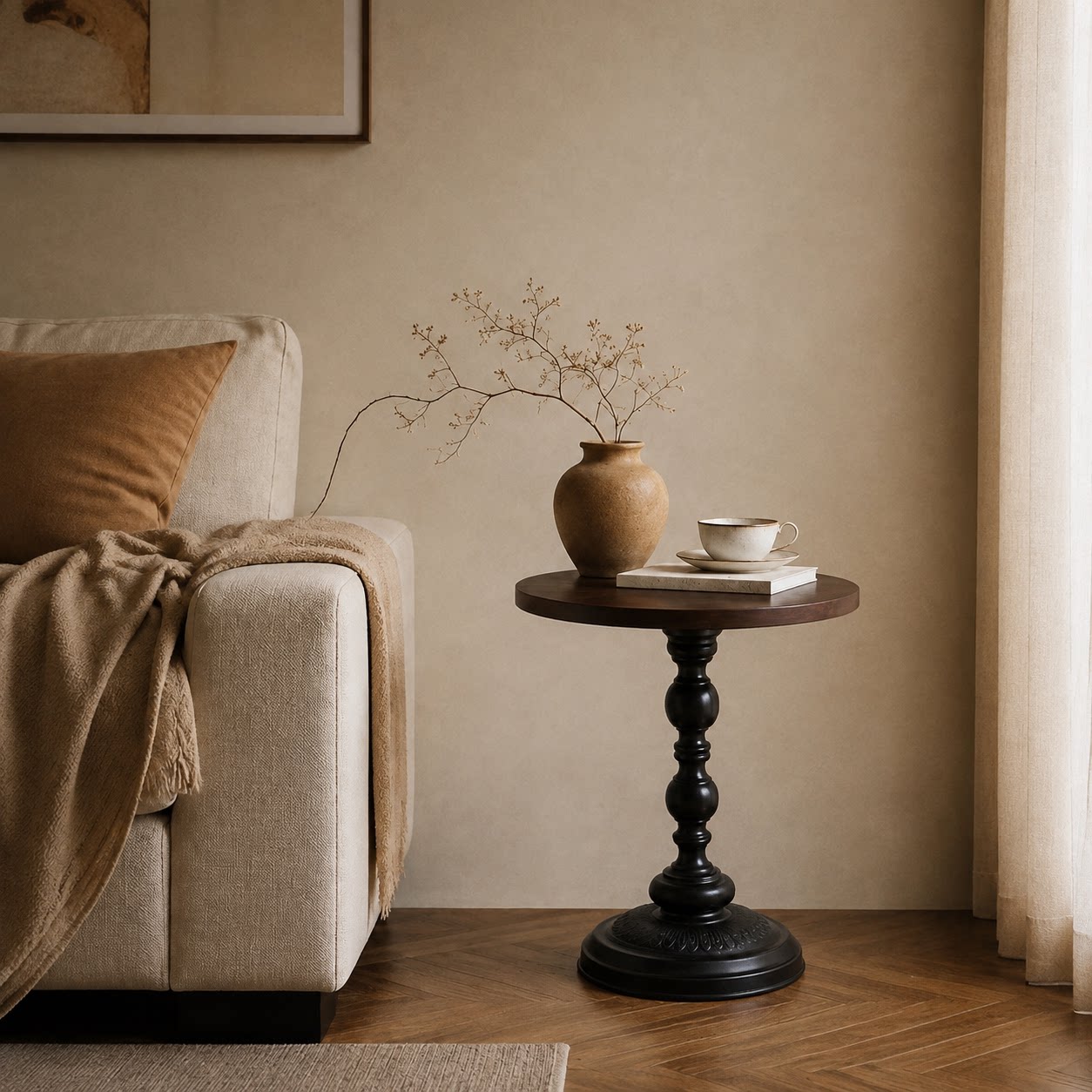 客厅茶几实木胡桃色边几小圆桌