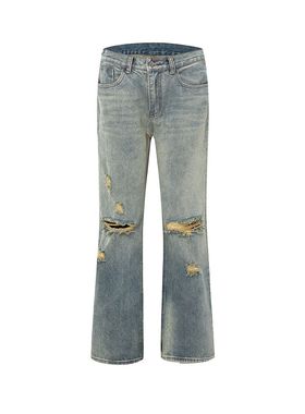 Fudge Pink 25春季美式复古宽松设计感洗水做旧阔腿牛仔长裤