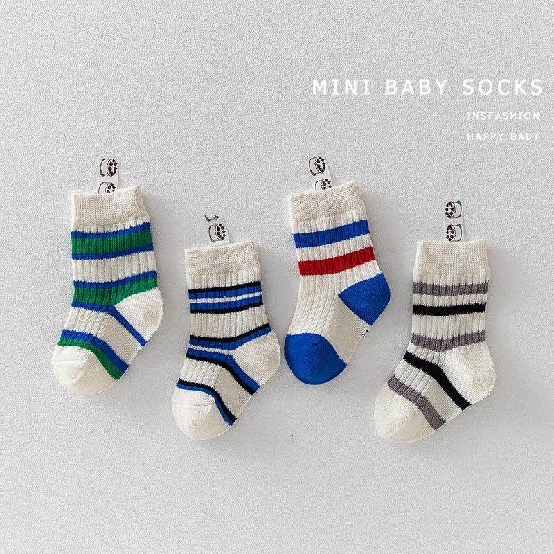 儿童袜子中筒纯棉春夏季男童女童中小童新生婴儿宝宝白色字母条纹
