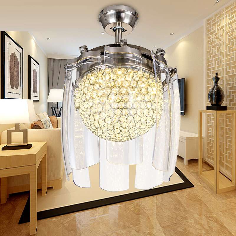 精品水晶装饰吊扇灯 餐厅客厅水晶灯罩 带灯吊灯 隐形风扇灯