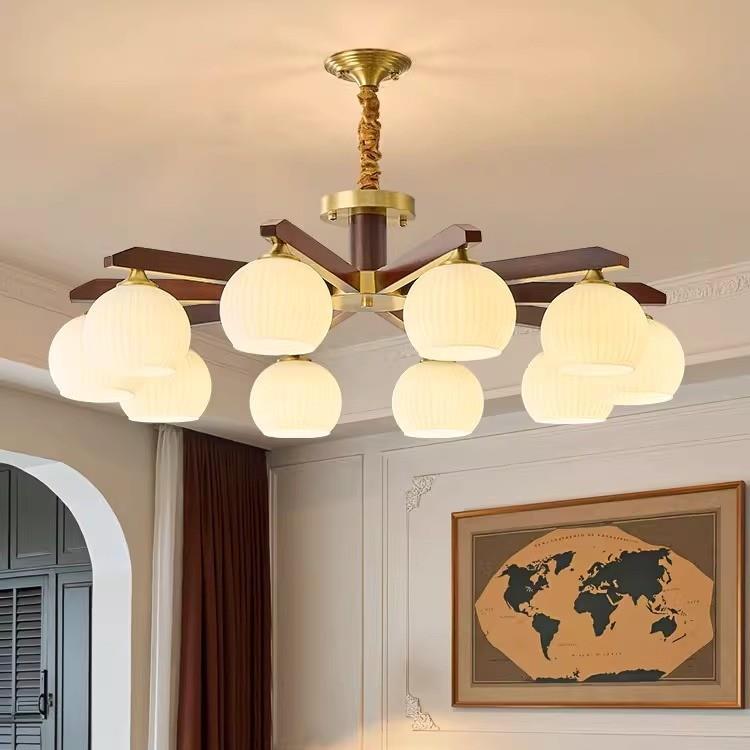 法式中古风客厅吊灯复古黑胡桃实木现代中式大气高端卧室餐厅灯具