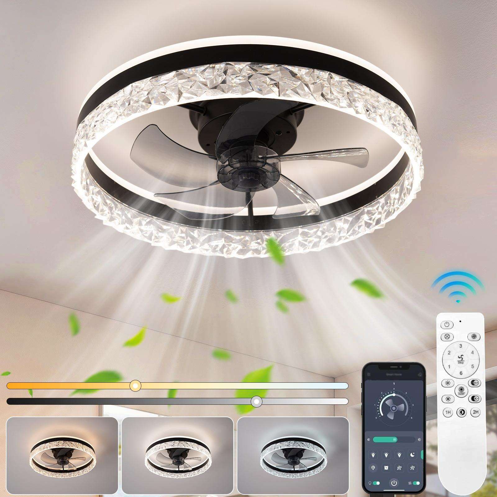 新款LED智能风扇灯2.4G遥控三色光吊扇灯双色无极调光带记忆功能