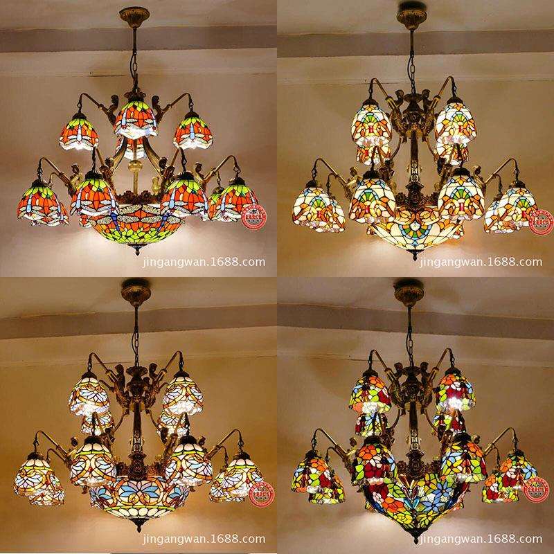 欧式蒂凡尼简约铁艺灯架双层12头卧室客厅书房餐厅酒店大堂吊灯