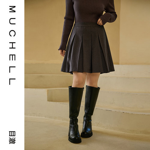 目澈MUCHELL【青春册】新款学院风宽松A字灰色女士百褶短裙