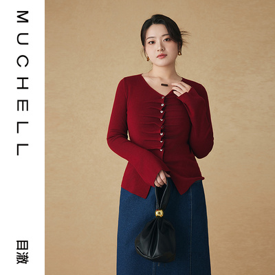 目澈MUCHELL冬季【胭脂扣叙】波浪褶皱红色上衣休闲针织衫
