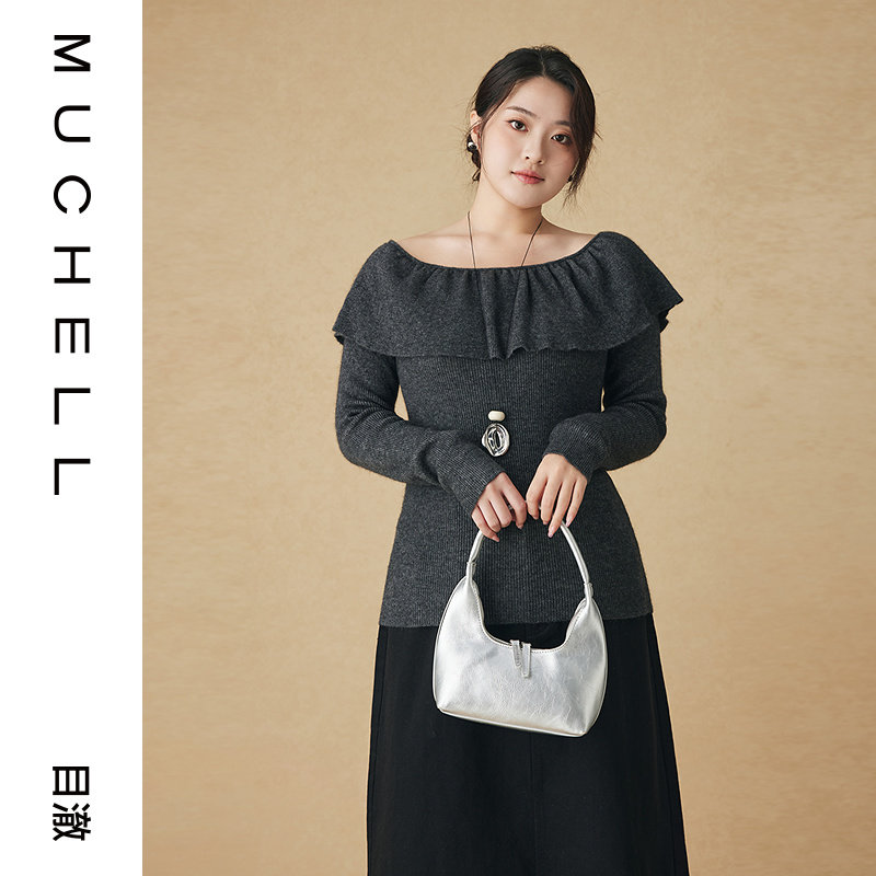 目澈MUCHELL秋新款【云间絮语】一字荷叶边针织衫MDS3SD1212图片