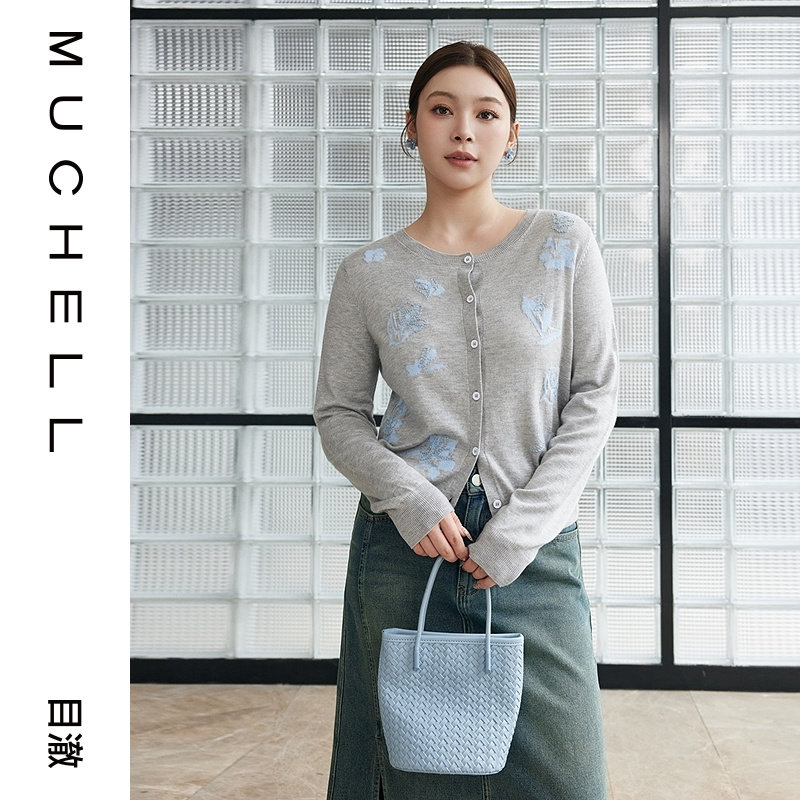 目澈MUCHELL【淡月清风】棉羊毛混纺提花花朵女士针织开衫图片