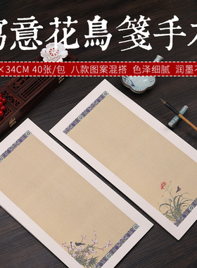 书法作品纸专业毛笔小楷行书楷书篆书仿古半生半熟花鸟宣纸硬笔书法班复古纸17*34cm信笺手扎40张钢笔作品纸