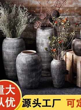 简约现代复古陶瓷落地大花瓶景德镇陶罐装饰摆件客厅干花插花陶盆
