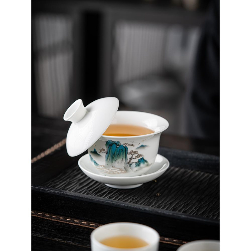 青花瓷三才悬停盖碗白瓷茶碗陶瓷