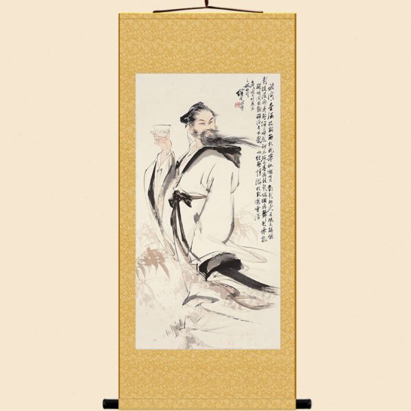 花间一壶酒 李白月下独酌图卷轴挂画  酒文化人物画像书房装饰画