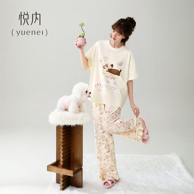 悦内带胸垫睡衣女款夏季纯棉短袖长裤家居服休闲圆领套头可外穿狗,女士内衣/男士内衣/家居服,睡衣/家居服套装,淘宝优惠券,粉丝福利购,淘宝优惠卷