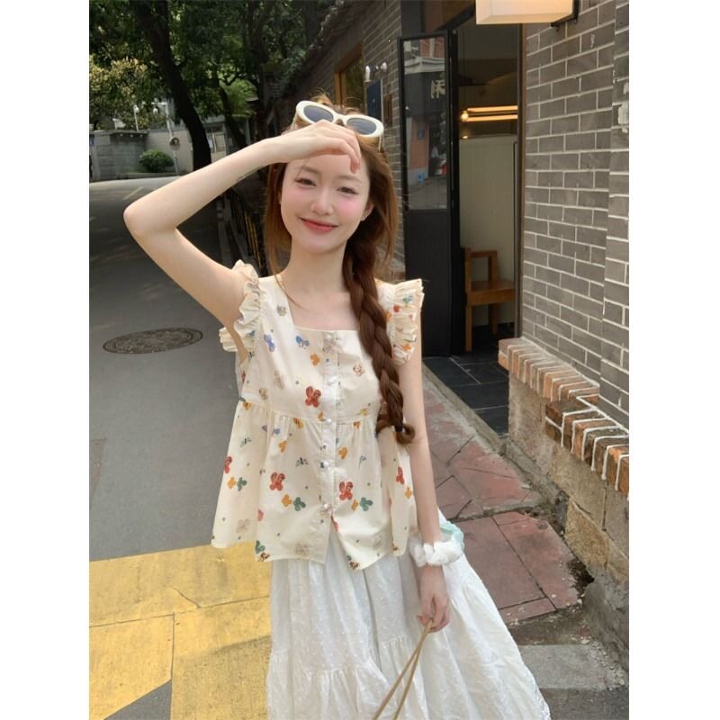 短款碎花小飞袖吊带背心