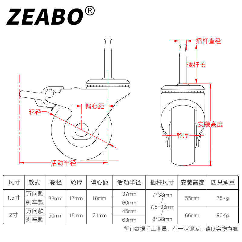 （4只装）家具配件BB床婴儿床插杆轮静音万向轮脚轮滑轮滚轮子