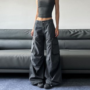 男女宽松阔腿直筒休闲裤 裤 复古褶皱做旧多口袋工装 JADEQILIN美式