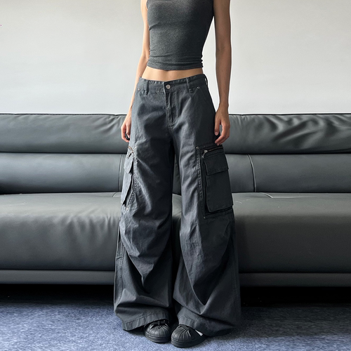 美式复古褶皱做旧多口袋工装裤