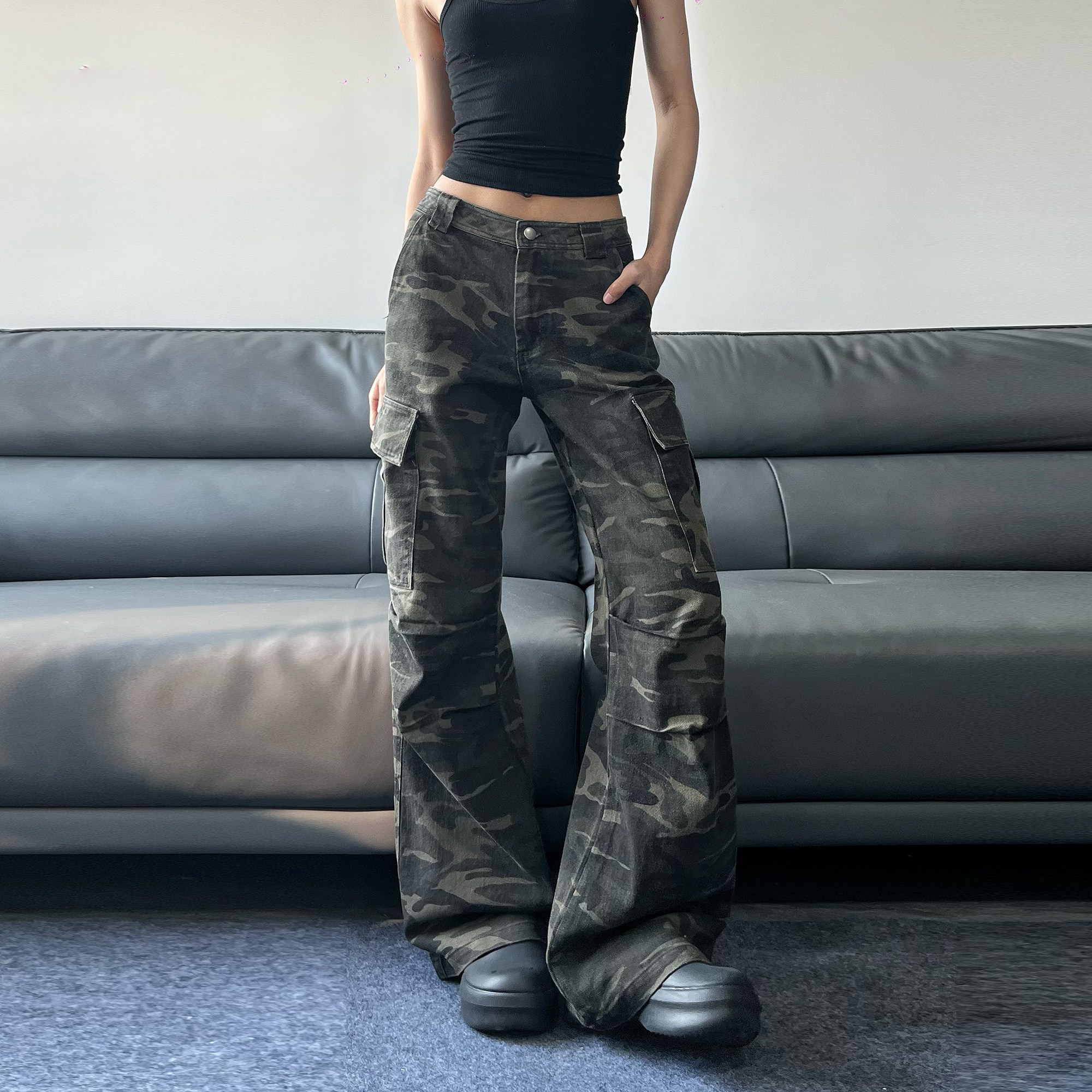JADEQILIN美式直筒微喇迷彩工装裤男女宽松复古高街cleanfit裤子