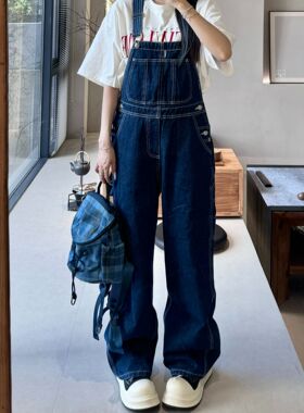 JADEQILIN美式复古设计感牛仔背带裤男女情侣宽松休闲工装连体裤