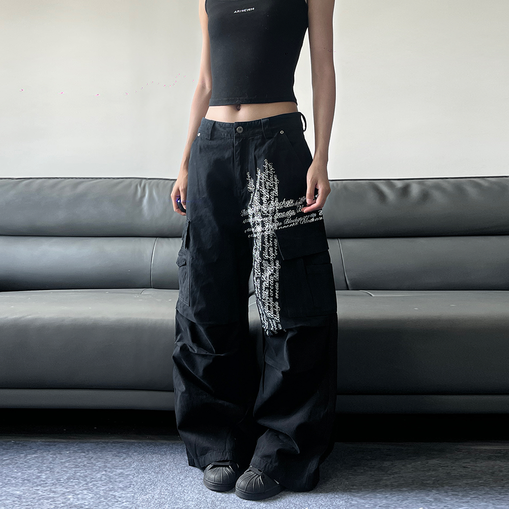 高街字母多口袋黑色工装裤