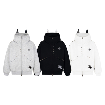 JADEQLIN美式拼接克罗铆钉杜宾耳朵连帽卫衣刺绣设计款短外套秋款