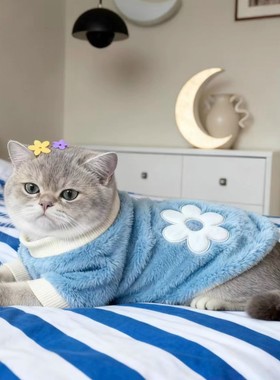 猫咪衣服秋冬保暖加绒花朵图案宠物服装蓝白色可爱防掉毛狗狗衣服