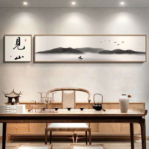 新品静心新中式茶室挂画2s024新品水墨风山水画书房装饰画双联客