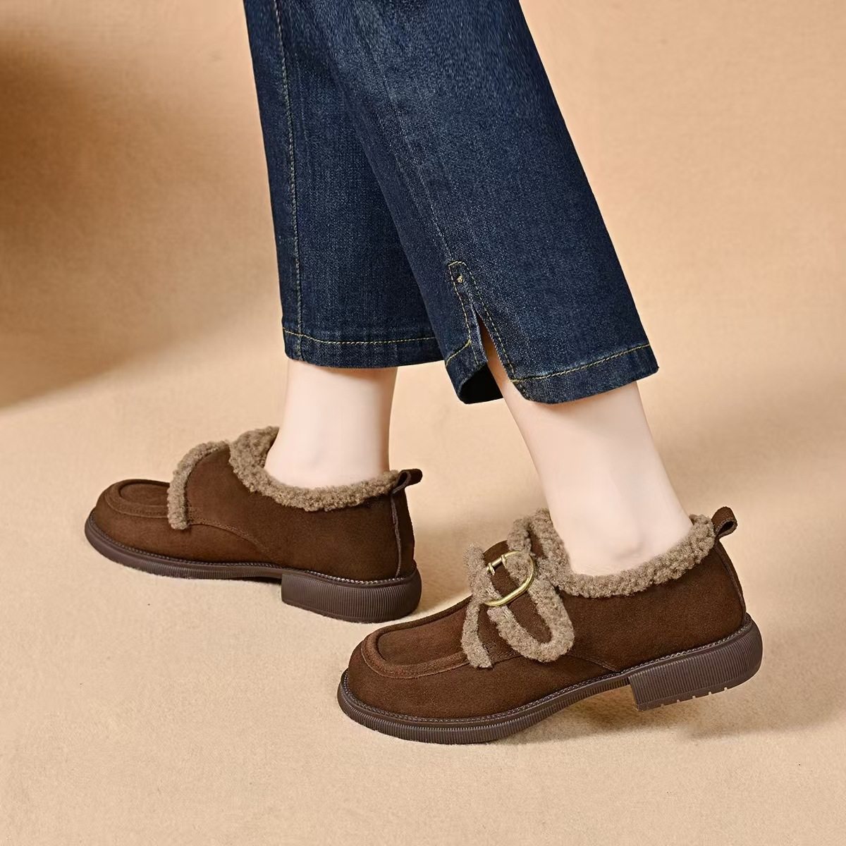 毛毛鞋女2025秋冬韩版搭扣平底懒人鞋加绒保暖棉鞋奶奶鞋女博肯鞋,女鞋,棉鞋,淘宝优惠券,粉丝福利购,淘宝优惠卷