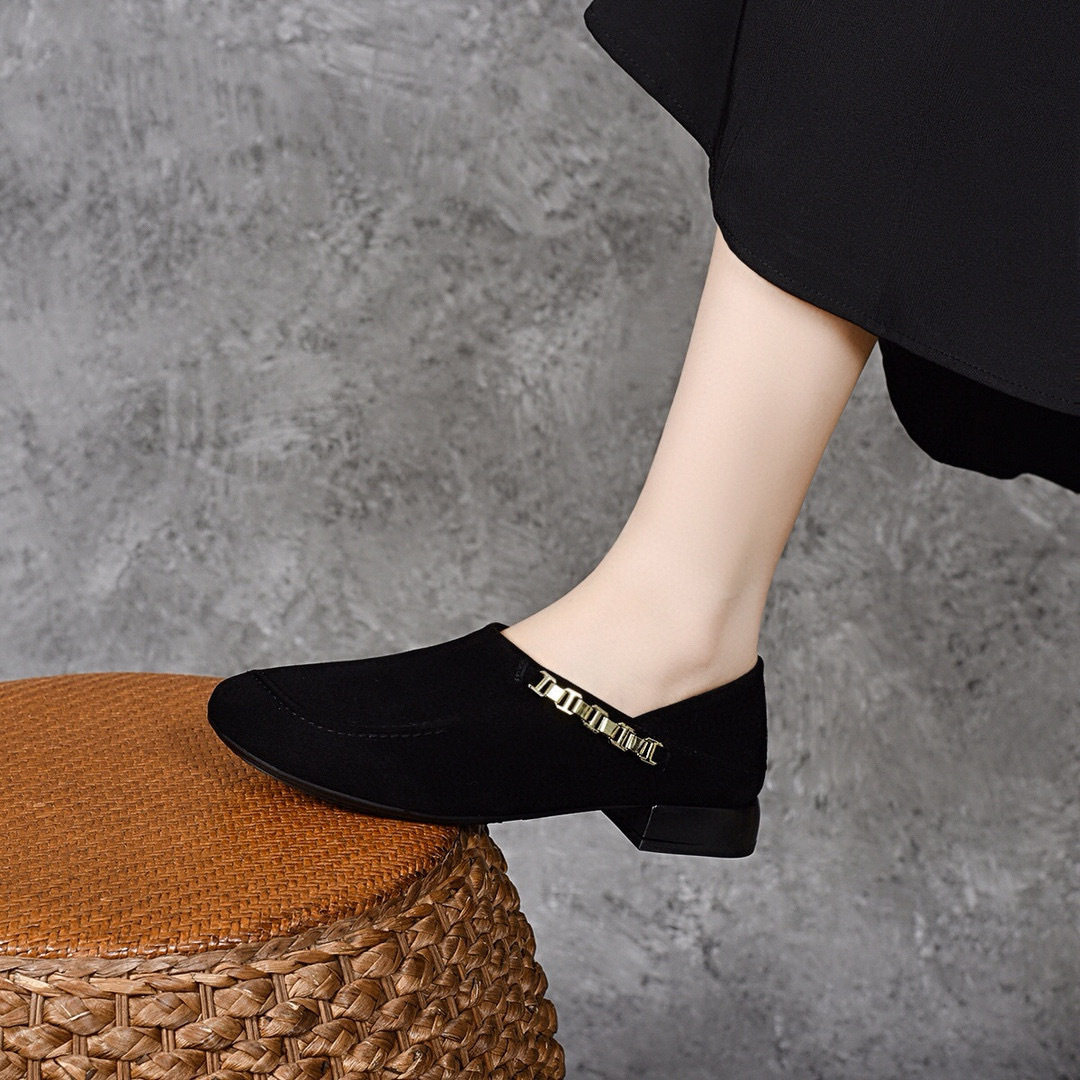 圆头乐福鞋女2025简约气质黑色链条单鞋深口套脚平底鞋复古穆勒鞋,女鞋,乐福鞋（豆豆鞋）,淘宝优惠券,粉丝福利购,淘宝优惠卷