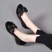 圆头平底乐福鞋 黑色羊皮女鞋 女2024春夏韩版 蝴蝶结网纱拼接小单鞋