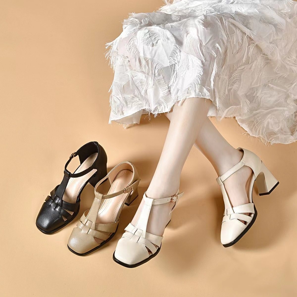 高跟凉鞋女2024夏新款方头镂空丁字扣编织女凉鞋简约中空罗马凉鞋,女鞋,时装凉鞋,淘宝优惠券,粉丝福利购,淘宝优惠卷