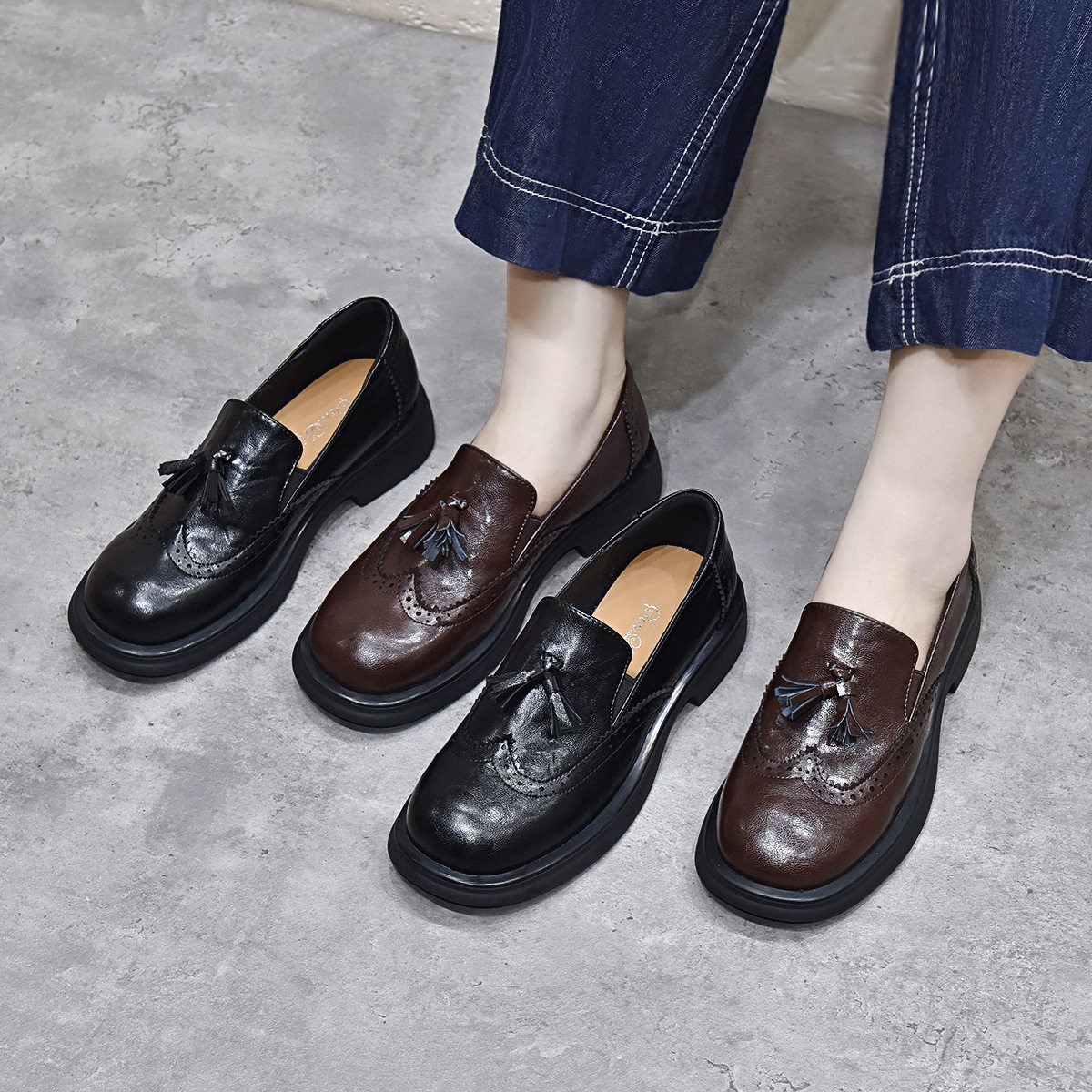 小皮鞋女2024秋冬英伦风复古布洛克雕花流苏平底鞋单鞋四季乐福鞋,女鞋,乐福鞋（豆豆鞋）,淘宝优惠券,粉丝福利购,淘宝优惠卷