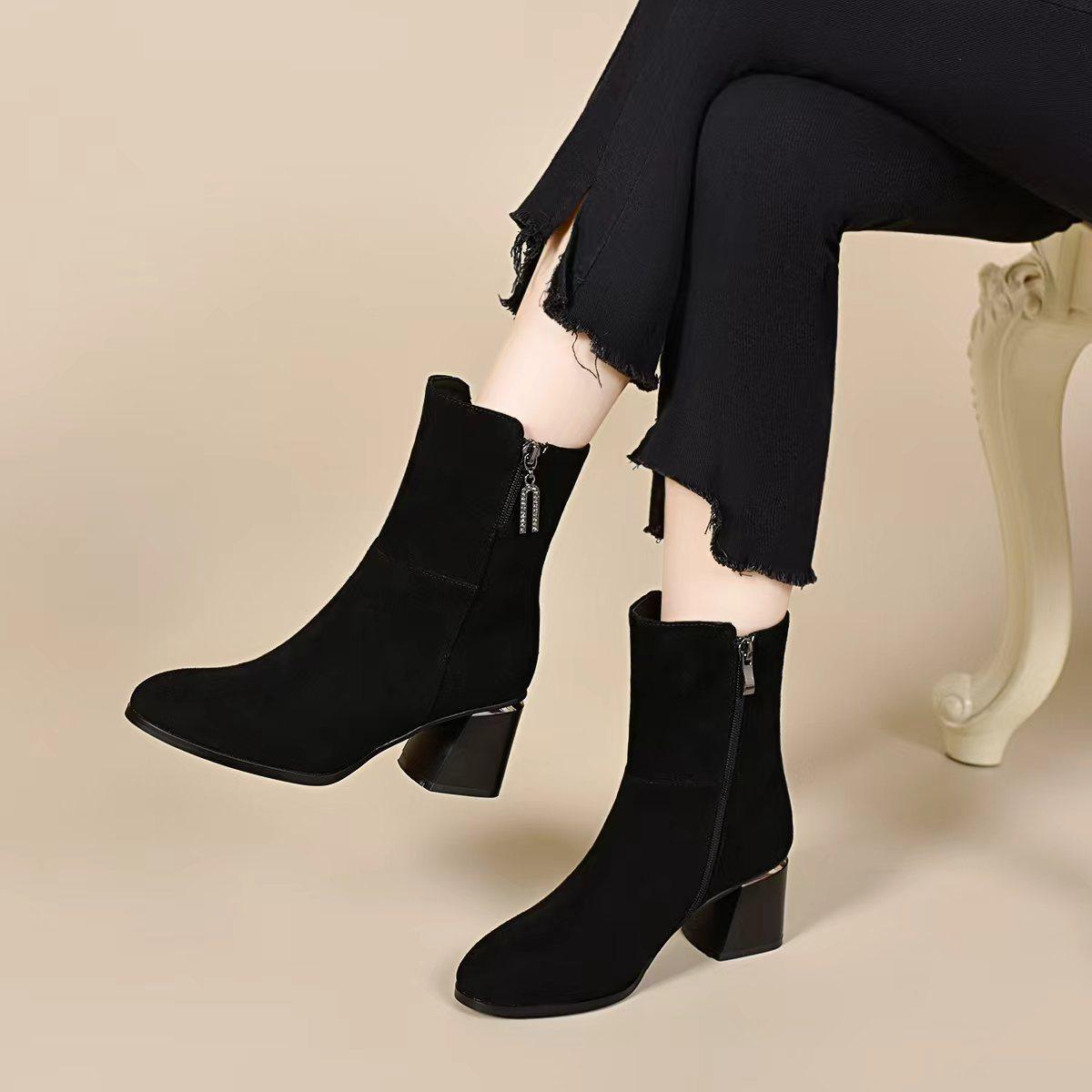 中筒靴女2025秋冬新款粗跟 U形扣黑色皮靴欧美风骑士靴加绒女棉靴,女鞋,骑士靴,淘宝优惠券,粉丝福利购,淘宝优惠卷