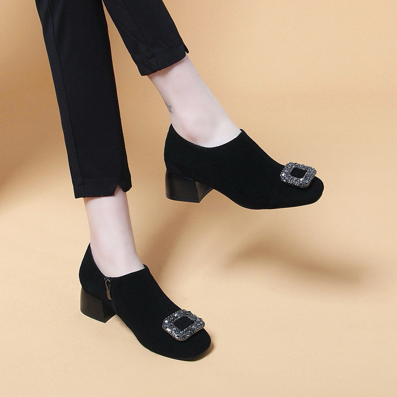 深口单鞋女2025春季小众个性方扣高跟鞋欧美风黑色粗跟感踝鞋,女鞋,浅口单鞋,淘宝优惠券,粉丝福利购,淘宝优惠卷