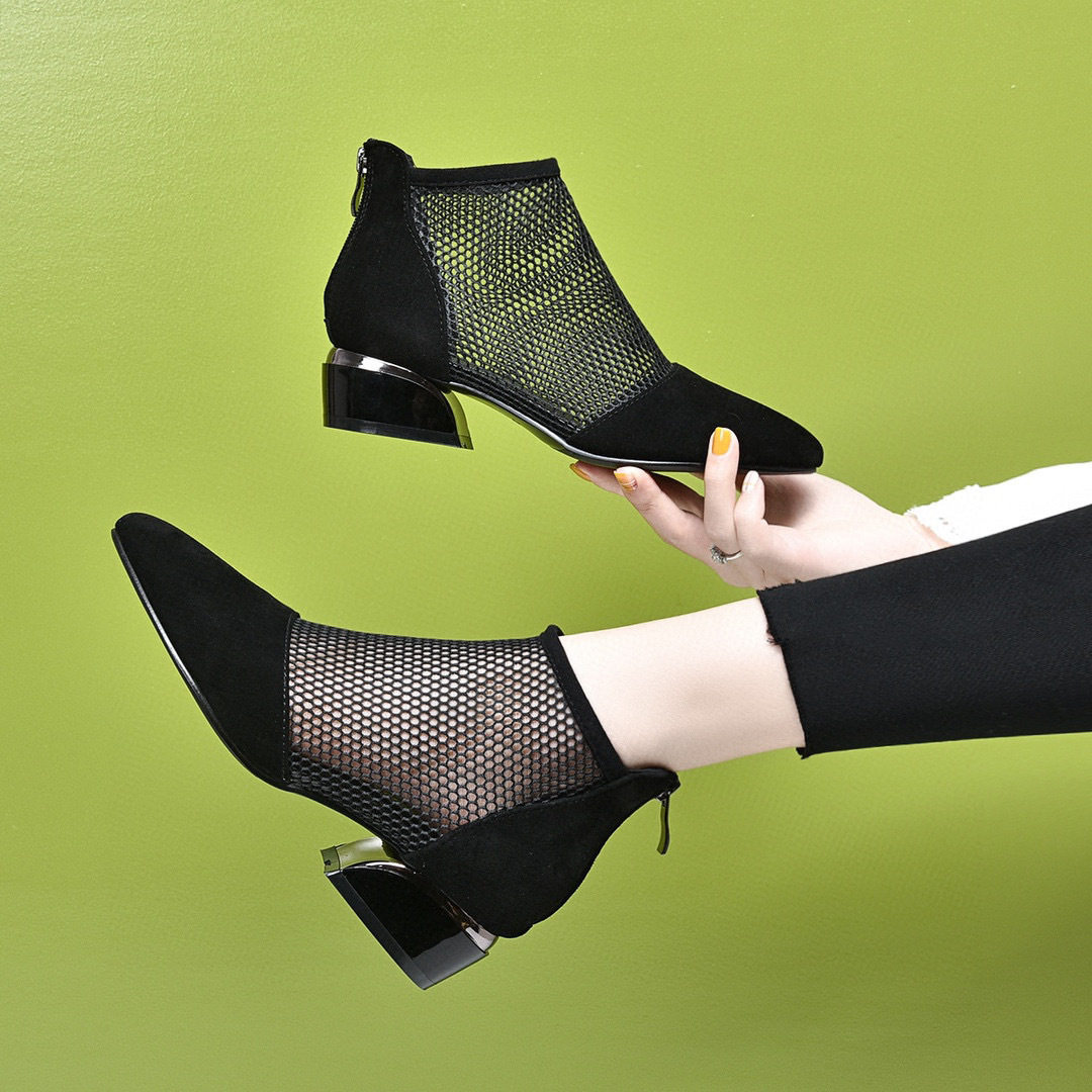 女鞋2024春季新款低跟网靴黑色尖头洋气后拉链网纱乐福鞋时装女鞋,女鞋,浅口单鞋,淘宝优惠券,粉丝福利购,淘宝优惠卷