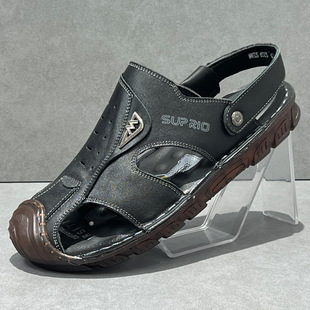 拖鞋 外穿真皮透气休闲两用外出开车凉拖牛筋底防滑男士 男夏季 凉鞋