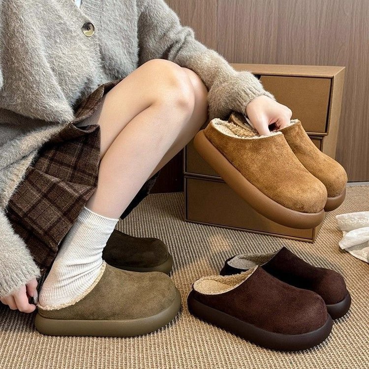厚底加绒勃肯半拖鞋女2025新款冬季女鞋加厚保暖棉鞋一脚蹬雪地靴