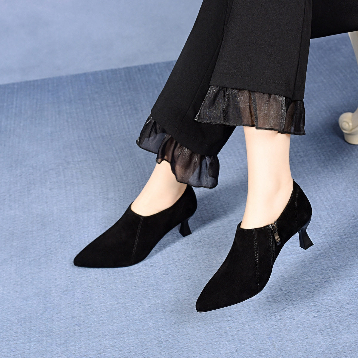 尖头高跟鞋女2025春季新款欧美风简约气质侧拉链深口单鞋羊皮踝鞋,女鞋,浅口单鞋,淘宝优惠券,粉丝福利购,淘宝优惠卷
