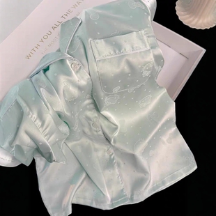 夏天高级感家居服套装 长袖 冰丝绸短袖 蒂芙尼蓝kitty猫睡衣女夏季