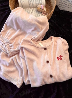 Sin Glee 粉色德绒睡衣女秋冬季新款大码舒适保暖长袖家居服套装
