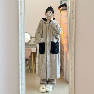 珊瑚绒睡袍女冬款长款加厚加绒睡衣冬季2024新款家居服套装秋冬天